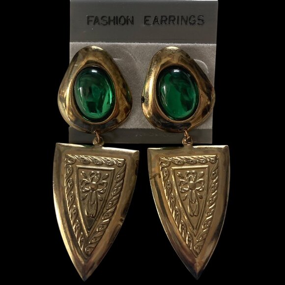 Vintage 80s Pierced Gold Tone Dangle Earrings Green Cabochon 3" Statement - Picture 7 of 7